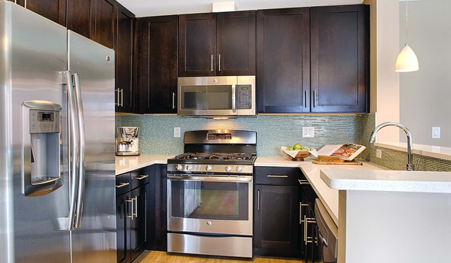 Kitchens feature stainless steel appliances, quartz countertops, and espresso cabinets - Axiom Apartments