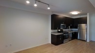 This single-floor space showcases a clean, modern aesthetic with an open-concept design that seamlessly connects the living area and kitchen. The kitchen is a standout feature, outfitted with full stainless steel appliances including a gas range, built-in microwave, and dishwasher. Rich, dark espresso cabinetry extends from counter height to the ceiling, providing generous storage while lending a bold, contemporary contrast to the light-toned countertops and neutral walls. The light hardwood flooring runs throughout the space, contributing warmth and visual continuity. The living area benefits from a track lighting system mounted to the ceiling, offering flexible and adjustable illumination across the open floor plan. The walls are finished in a crisp, neutral tone that enhances the brightness and sense of openness throughout. Clean white baseboards frame the room, adding a polished finishing touch. The overall ambiance is modern, functional, and inviting, with a cohesive design language that balances dark and light elements to create a stylish yet practical living environment.