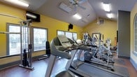 This fitness center is designed to support a well-rounded workout experience within a compact, efficiently organized single-floor layout. The room is immediately distinguished by its bold yellow walls, which lend an energetic atmosphere and complement the practical, motivating environment. The vaulted ceiling adds a sense of openness, and a ceiling fan helps maintain air circulation throughout workouts.

Natural light enters through several windows along one wall, offering views of the surrounding outdoor greenery and keeping the space feeling bright and connected to the outdoors. Overhead fluorescent lighting ensures the room remains well-lit at all times.

The cardio section is prominently featured, housing a row of treadmills and elliptical machines from recognized fitness brands. Wall-mounted televisions are positioned for easy viewing from the cardio equipment, enhancing the exercise experience. Toward the back of the room, a cable and weight machine station provides options for strength and resistance training. A large mirror along one wall further opens up the space visually while allowing users to monitor their form. The flooring is durable and suitable for high-traffic fitness use.