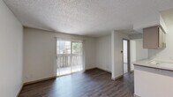 Located at 9900 Adleta Blvd in Dallas, TX, this one-bedroom, one-bathroom unit offers a practical and well-organized single-floor layout. The combined kitchen and living area forms the heart of the home, featuring dark hardwood-style flooring, neutral walls, and a textured ceiling throughout. Large sliding glass doors with vertical blinds open directly onto a private patio, flooding the living space with natural light and providing outdoor access. The galley-style kitchen is efficiently designed with wood-tone cabinetry, light granite-style countertops, a single-basin sink, and black appliances including a refrigerator and electric range. A dedicated pantry adds convenient storage. The bedroom is carpeted for comfort, includes a ceiling fan with light fixture, and benefits from a natural window. It connects to a spacious walk-in closet with wire shelving, plus an additional closet for extra storage. The bathroom is clean and functional, featuring a tiled shower/tub combo, a wood-tone vanity with granite-style countertop, and a large mirror. A hallway connects the main areas, completing this thoughtfully laid-out home.
