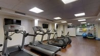 This fitness center is thoughtfully designed to provide a functional and comfortable exercise environment. The space features warm hardwood-style flooring that contrasts with the neutral-toned walls, creating an inviting atmosphere. The drop ceiling is equipped with recessed panel lighting that evenly illuminates the entire room, ensuring a bright and energizing workout space.

The cardio equipment lineup is a standout feature, with multiple treadmills and elliptical machines arranged in a row to maximize the use of floor space. Each machine is fitted with individual display consoles for tracking workout metrics. Wall-mounted flat-screen televisions are positioned at strategic points, allowing exercisers to stay entertained during their sessions.

A mirrored wall section at the far end of the room visually expands the space and allows users to monitor their form. A glass partition is also visible, potentially separating additional workout or utility areas. The overall layout is clean and organized, with sufficient spacing between machines to ensure user comfort and safety, making this fitness center a practical and well-appointed facility.