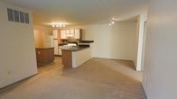 This single-floor space is designed around an open-concept layout that promotes a sense of flow and connectivity throughout. The kitchen serves as a central feature, equipped with warm wood-toned cabinetry, dark countertops, a tile backsplash, and a full suite of appliances including a refrigerator and range. A peninsula extends from the kitchen, offering additional counter space and creating a natural division between the cooking and living areas without interrupting the open feel of the floor plan. Track lighting illuminates both the kitchen and the adjacent living space, providing focused, practical light throughout. The living area is finished with neutral wall-to-wall carpeting that adds warmth underfoot and softens the overall atmosphere of the room. The walls are painted in a light, neutral tone that keeps the space feeling bright and versatile. A ceiling fan in the living area adds both comfort and function. The layout is straightforward and efficient, making excellent use of the available space. Overall, the interior presents a clean, move-in-ready environment with a cohesive and practical design suited for everyday living.
