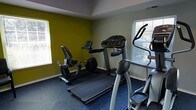 This single-floor fitness room is purpose-built for cardiovascular training and general exercise. The space is outfitted with a dedicated selection of cardio equipment, including a treadmill, an elliptical trainer, and a recumbent stationary bike — providing users with a variety of low-impact and high-intensity workout options. The room features durable blue rubber flooring, ideal for athletic use and easy maintenance. The walls are painted in a two-tone scheme, combining a bold chartreuse-green accent wall with neutral gray surroundings, lending the space an energetic and motivating atmosphere. Natural light filters in through multiple windows fitted with horizontal blinds, brightening the room and creating a pleasant environment for exercise. The layout is efficient and well-organized, allowing for comfortable movement between machines. The ceiling features a subtle tray detail, adding a modest architectural element to the otherwise utilitarian space. Overall, this fitness room offers a functional and focused environment for residents or users looking to maintain an active routine without leaving the building.