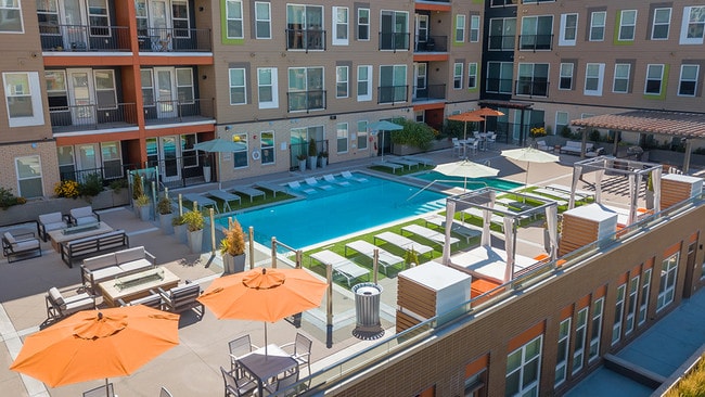 Resort-style outdoor lounge area, swimming pool, and grilling stations - Modera Observatory Park Apartments