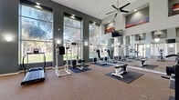 This fitness center offers a generously sized, single-floor workout facility designed to accommodate a comprehensive range of exercise needs. The space is immediately distinguished by its dramatic soaring ceilings, which create an open, airy atmosphere and contribute to an energizing environment for physical training.

Natural light floods the interior through expansive floor-to-ceiling windows along multiple walls, providing unobstructed views of the surrounding greenery and outdoor landscaping. Full-wall mirrors on one side of the facility visually expand the space further while allowing users to monitor their form during workouts.

The strength training area is outfitted with multiple multi-function cable and weight machines, adjustable benches, and a dumbbell rack, providing extensive options for resistance training. The cardio zone features treadmills, an elliptical trainer, a stationary bike, and a stair climber, catering to a variety of cardiovascular fitness preferences.

Ceiling fans help maintain comfortable airflow throughout the space, complementing the recessed lighting overhead. Colorful landscape photography and artwork displayed in upper wall niches add visual interest and a sense of character to the facility. Rubber floor mats are positioned beneath equipment to ensure safety and protect the carpeted flooring. The overall ambiance is clean, modern, and motivating, making this fitness center a functional and well-appointed space for daily exercise.