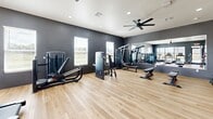 Located in Beaumont, Texas, this fitness center is a thoughtfully designed exercise space that delivers a comprehensive workout environment within a compact, efficiently utilized footprint. The room is finished with light hardwood-style flooring that contrasts sharply against the bold dark charcoal walls, creating a modern and energizing atmosphere. Recessed lighting and a ceiling fan overhead ensure the space remains well-lit and well-ventilated during use.

The facility is outfitted with a diverse selection of equipment to support a full range of fitness routines. Cardio offerings include multiple treadmills and a stationary cycle, all positioned near a large picture window and glass door that offer direct views of an outdoor pool and patio area, providing natural light and a motivating outdoor backdrop. The strength training zone features cable and weight machines, multiple adjustable benches, and a well-stocked dumbbell rack. A wall-mounted medicine ball rack and exercise mat further support functional and core training.

A full-length mirror spans one wall, visually expanding the space while allowing users to monitor their form during workouts. The layout is open and uncluttered, making it easy to move between stations. Overall, the fitness center combines practical equipment, smart design, and an inviting aesthetic to create an effective and comfortable training environment.