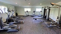 This fitness center offers a practical and well-organized workout space designed to accommodate a range of exercise needs. The room is finished with durable, multi-toned carpet flooring that spans the entire area, providing a functional surface suited to the demands of a gym environment. Recessed ceiling lighting ensures the space is evenly and brightly illuminated throughout. Several windows along the walls allow natural light to filter in, contributing to an open and energizing atmosphere. The cardio section is prominently featured, housing multiple treadmills lined up along the perimeter, as well as elliptical cross-trainers positioned for easy access. A multi-station cable and weight machine stands along one wall, offering users a comprehensive range of strength training options. A weight bench is also available, rounding out the resistance training equipment. The walls are painted in a clean, neutral tone that keeps the space feeling fresh and focused. A decorative potted plant adds a touch of greenery to the corner, softening the utilitarian aesthetic. Overall, the fitness center is thoughtfully arranged to maximize usable floor space while keeping all equipment accessible and clearly defined within the single-floor layout.