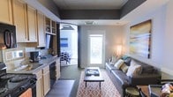 This single-floor unit offers a thoughtfully arranged open-concept layout that maximizes every inch of available space. The living area is anchored by a gray upholstered sofa adorned with decorative pillows, set atop a patterned area rug in warm tones. A rectangular coffee table sits at the center, completing the seating arrangement. A framed abstract artwork adds a touch of color to the neutral gray walls, while a floor lamp provides warm ambient lighting.

The kitchen runs along the left side of the main living space and features light wood cabinetry, a dark countertop, and integrated appliances including a dishwasher and compact cooking setup. The cabinetry provides open shelving above, offering additional storage and display space.

A curved entryway leads from the main living area into the sleeping space, which is carpeted and furnished with a full bed dressed in a patterned blue and white comforter. The tray ceiling, finished in a deep charcoal tone, adds architectural depth to the space. A glass-paneled exterior door at the far end of the living area provides natural light and access to an outdoor balcony with views of the surrounding area.