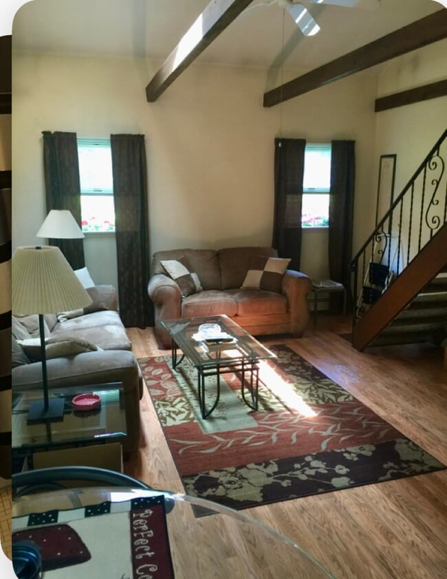 Living room, vaulted ceiling, high hats, ceiling fan, - 111 Arlington Rd