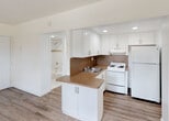 Located at 17350 NW 68th Ave in Hialeah, Florida, this single-floor unit offers a clean, move-in-ready interior with a bright and open layout. Light wood-look flooring flows consistently throughout the main living areas, complementing the crisp white walls and textured ceilings that give the space a fresh, airy feel.

The kitchen is a standout feature, outfitted with white shaker-style cabinetry, rich brown countertops, a tile backsplash, recessed lighting, and white appliances including a range and full-size refrigerator. A peninsula counter extends into the living area, creating a natural transition between the kitchen and the open living space.

The main living area is generously proportioned, offering ample room for a variety of furniture arrangements. Large windows invite abundant natural light and provide views of the lush, palm-lined surroundings outside. A set of louvered bifold closet doors provides substantial storage within the living or sleeping area.

The bathroom features a full bathtub with a shower, white subway tile surround accented by a decorative tan mosaic border, and chrome fixtures, conveying a clean and classic aesthetic.

Overall, this unit presents a well-maintained, functional living space with updated finishes, plentiful natural light, and practical storage solutions in a convenient Hialeah location.