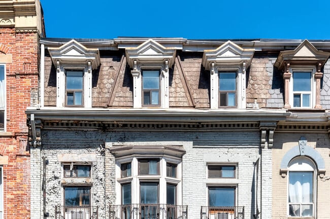 Colonial architecture details of buildings on Yonge Street in Toronto.