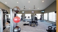 This fitness center offers a comprehensive workout environment spread across a single open floor. The space is designed with functionality and comfort in mind, featuring neutral gray walls and light-toned carpet that create a clean, welcoming atmosphere throughout.

The cardio zone is well-stocked with treadmills, ellipticals, and a stair climber, all positioned along the perimeter to take advantage of the natural light streaming through multiple large windows fitted with white blinds. Three flat-screen TVs are mounted on the walls, providing entertainment during workouts.

Ceiling fans with pendant-style fixtures are evenly distributed across the room, ensuring proper air circulation. Recessed lighting supplements the natural light, keeping the space bright and energizing at all times.

The free-weights and functional training area includes a dumbbell rack, resistance equipment, and an assortment of stability and medicine balls in varying sizes, catering to diverse fitness levels. A dedicated floor mat area provides space for stretching and floor exercises. The overall layout is thoughtfully organized, balancing open floor space with a well-rounded selection of equipment.