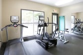 Located at 3400 Peachtree Corners Cir in Peachtree Corners, GA, this fitness center is a well-equipped, single-floor facility designed to support a comprehensive workout experience. The space features durable rubber flooring throughout, providing a safe and functional surface for a wide range of exercise activities.

Cardio equipment includes a treadmill, elliptical trainer, and a stationary cycling bike, all positioned to take advantage of natural light streaming in through multiple windows that overlook the outdoor pool area. The views of the surrounding greenery create an inviting atmosphere for cardio workouts.

Strength training is well represented with a multi-station cable machine and weight bench, along with a rack of dumbbells and an assortment of stability and medicine balls for functional fitness exercises. Yoga mats are also available for stretching and floor work.

A large wall-mounted mirror spans one section of the room, enhancing the sense of space and allowing users to monitor their form during exercise. Overhead fluorescent lighting ensures the space is well-lit throughout. Direct exterior access via a glass-paned door connects the fitness center to the pool and outdoor amenity area, making it easy to transition between indoor and outdoor activities. Posted fitness center rules ensure a welcoming environment for all users.