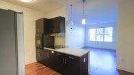 This single-floor space showcases a thoughtfully designed open-concept layout that seamlessly connects the kitchen and living area. The kitchen is a standout feature, outfitted with sleek, dark espresso cabinetry that extends to the upper walls, providing ample storage. Granite countertops with a speckled finish add a refined touch, while a central kitchen island offers additional prep space and a natural gathering point. Built-in appliances, including a wall oven and cooktop with an integrated range hood, contribute to a clean, streamlined aesthetic. Overhead, modern cylindrical pendant lights hang at varying heights, casting focused illumination over the kitchen workspace and adding a contemporary design element. The adjacent living area benefits from abundant natural light streaming through a large window that frames views of the surrounding greenery. Rich hardwood flooring runs throughout the kitchen, transitioning to a smooth surface in the living space, creating a warm yet modern contrast. The open layout and generous proportions of the space give it an airy, functional feel well-suited for both everyday living and entertaining.