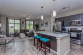 This single-floor residence at 781 Spring St in Macon, Georgia, offers a thoughtfully designed open-concept layout that seamlessly connects the kitchen, dining, and living areas. The kitchen is a standout feature, appointed with dark cabinetry, granite countertops, stainless steel appliances including a refrigerator with ice maker and a microwave, a subway tile backsplash, and a large island with an undermount sink and seating for two. Pendant lighting and a track light fixture illuminate the space with a modern touch. A dedicated walk-in pantry provides generous storage. The living room is bright and welcoming, with multiple large windows dressed in wood blinds and gray drape panels that invite abundant natural light and views of the surrounding greenery. Wood-look flooring runs throughout the main living areas, adding warmth and continuity. The bedroom is a calm retreat featuring a ceiling fan, a sliding glass door opening to a private balcony with outdoor views, and ample space for furnishings. The bathroom is finished with a blue-gray vanity, granite countertops, a wide mirror, and wood-look tile flooring, complemented by a shower-tub combination. The overall ambiance is contemporary, clean, and comfortable.
