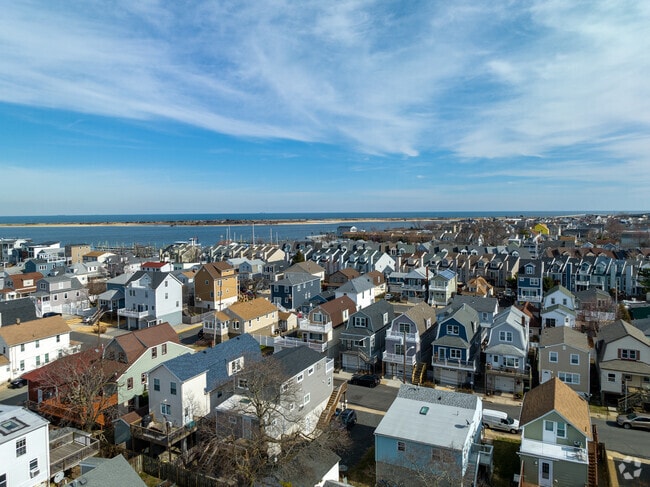 An aerial view of colonial homes.