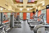 Located in Winchester, CA, this fitness center offers a comprehensive exercise space designed to support a full range of workout routines. The room is defined by its bold interior palette — deep red accent walls contrast with warm golden-yellow upper walls — creating an energetic and motivating atmosphere. The ceiling is a standout architectural feature, showcasing a coffered design with recessed panels accented in red and cream tones, complemented by ceiling fans and recessed lighting that keep the space bright and well-ventilated. Large windows positioned along multiple walls allow generous natural light to fill the room while offering views of the surrounding outdoor area. The floor is finished with durable dark rubber gym flooring suited for high-traffic use. The exercise room is well-stocked with a row of treadmills, elliptical trainers, a stationary bike, and a stair climber for cardio workouts, alongside a multi-station strength training machine, cable systems, and a medicine ball rack for resistance and functional training. Wall-mounted flat-screen TVs are positioned throughout the room for entertainment during workouts. A glazed entry door with sidelights connects the gym to an adjacent outdoor or common area, enhancing accessibility and the sense of openness.