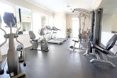 Located at 4129 Inverness Road in Virginia Beach, Virginia, this fitness center offers a clean, well-appointed space designed to support a comprehensive workout routine. The room features durable rubber flooring throughout, providing a safe and functional surface for all types of exercise. Crown molding and wainscoting lend a refined, polished character to the space, elevating it beyond a standard gym aesthetic.

Natural light pours in through multiple large windows dressed with plantation shutters, creating a bright and welcoming atmosphere. Ceiling fans and recessed lighting ensure comfort and visibility at all times of day. A large wall-mounted mirror expands the sense of space and allows for form-checking during workouts.

The fitness center is well-stocked with a variety of cardio equipment, including treadmills, an elliptical trainer, and a recumbent stationary bike. Strength training is supported by a multi-station cable machine, a free-weight rack, and an adjustable weight bench. Additional amenities include a wall-mounted flat-screen television, a water cooler, and a stability ball for functional fitness. Potted plants add a touch of warmth and life to the environment. The space is thoughtfully laid out to accommodate multiple users simultaneously while maintaining an open, uncluttered feel.