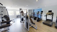 This fitness center is designed to support a comprehensive workout experience within a single-level space. The room features warm wood-style flooring that contrasts cleanly with light gray walls and a white ceiling fitted with recessed lighting, creating a bright and energizing atmosphere. Natural light filters in through a window along one wall, adding to the open, airy feel of the space.

The strength training area includes a cable machine with an adjustable bench, providing versatility for a wide range of resistance exercises. A dedicated dumbbell rack lines the far wall, offering an organized selection of free weights for users of varying fitness levels. On the opposite side, a row of cardio equipment—including elliptical trainers and upright exercise bikes, each equipped with individual display screens—is arranged along a visually striking accent wall featuring a colorful, abstract mural that adds a dynamic focal point to the room.

The layout is thoughtfully arranged to allow comfortable movement between equipment zones, making the space functional for both individual and simultaneous use. Overall, the fitness center presents a clean, modern environment well-suited for daily exercise.