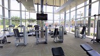 This single-floor fitness center is designed with an open, airy layout that maximizes both functionality and comfort. The most striking architectural feature is the expansive floor-to-ceiling glass walls that wrap around the space, flooding the interior with natural light and offering unobstructed views of the surrounding streetscape. High ceilings with ceiling fans contribute to a spacious, well-ventilated atmosphere, while neutral-toned carpet tiles throughout provide both comfort underfoot and a clean, contemporary aesthetic.

The workout floor is well-equipped with a diverse array of strength training machines, including cable and resistance units positioned throughout the space for efficient circuit training. Cardio equipment, including treadmills and ellipticals, lines the perimeter, allowing users to exercise while enjoying the outdoor views. A wall-mounted flat-screen television is centrally positioned, providing entertainment and enhancing the workout experience. Cylindrical metal support columns add an industrial design element that complements the modern, commercial feel of the space. Overall, the fitness center presents a bright, inviting environment well-suited for a full range of exercise routines.