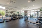 This fitness center is a thoughtfully designed, single-level space that offers a comprehensive workout environment. The layout is divided into distinct functional zones, each equipped to support a variety of exercise routines.

The cardio area is the most prominent section, featuring multiple treadmills, stair climbers, ellipticals, and a rowing machine arranged to maximize floor space. Large windows line the walls, flooding the area with natural light and providing outdoor views of surrounding greenery and the adjacent pool courtyard. A wall-mounted flat-screen TV and a ceiling fan overhead enhance comfort during workouts.

A decorative geometric mirror partition elegantly separates the cardio zone from the strength training area, adding visual depth while reflecting light throughout the space. The strength section includes a cable machine, a multi-functional rack with barbells, a weight bench, and a full dumbbell rack, catering to a wide range of resistance training needs.

A separate area near the entrance provides additional open floor space with a weight bench, a wall-mounted TV, and a small refreshment station with a beverage cooler. Glass doors lead directly outdoors. Recessed lighting, dark rubber flooring, and neutral-toned walls complete the clean, modern aesthetic throughout.