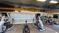 The fitness center at Lincoln Shores Apartments, located in Saint Petersburg, Florida, is a well-appointed, single-floor facility designed to support a wide range of workout routines. The space is thoughtfully organized into distinct exercise zones, allowing users to move seamlessly between cardio and strength training areas.

A defining design feature is the large panoramic wall mural depicting a tranquil waterside scene—a nod to the community's lakeside setting—which adds a visually engaging backdrop throughout the facility. Full-length mirrors are strategically placed along multiple walls, enhancing the sense of openness and allowing users to monitor their form during exercise.

The cardio zone is well-equipped with Matrix-brand treadmills, elliptical trainers, a rowing machine, and a recumbent bike. The strength training area features a functional trainer, a cable machine system, a punching bag rack, a free-weight dumbbell rack with an adjustable bench, and several selectorized weight machines. A dedicated open floor area provides space for functional or stretching exercises.

Overhead, recessed panel lighting and ceiling fans maintain a bright and comfortable environment. Mounted flat-screen televisions offer entertainment throughout the workout. The durable carpet-tile flooring is zoned with contrasting tones, providing both practical durability and a clean, organized aesthetic.