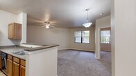 Located at 1750 Village Commons Dr in Conway, AR, this one-bedroom, one-bathroom residence offers a practical and well-organized single-floor layout. The entrance leads into a galley-style kitchen outfitted with warm honey-toned cabinetry, granite-look countertops, black appliances including a refrigerator, range, microwave, and dishwasher, and wood-look plank flooring. A curved breakfast bar peninsula separates the kitchen from the combined dining and living area, which features plush carpeting, a ceiling fan, a pendant light fixture, and multiple windows that bring in natural light and views of the surrounding greenery. The bedroom is a comfortable size, featuring vaulted ceilings, carpeted flooring, and dual windows that further enhance the sense of openness and light. Two closets provide ample storage throughout the unit. The bathroom includes warm wood-toned cabinetry with a granite-look vanity top and wood-look plank flooring. A dedicated laundry area adds everyday convenience. Neutral tones and consistent finishes throughout the space create a cohesive and inviting atmosphere well-suited for comfortable living.