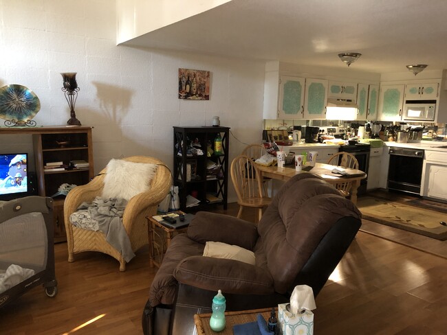 Living room and kitchen view from entry door - 120 Cash Lane