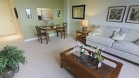 This single-floor space presents an open-concept layout that seamlessly blends the living and dining areas into one cohesive environment. The walls are finished in a soft sage green, creating a calm and inviting ambiance that is complemented by neutral wall-to-wall carpeting underfoot.

The living area is anchored by a light gray sofa adorned with patterned accent pillows, positioned alongside a wooden end table topped with a warm table lamp. A substantial wood-and-glass coffee table serves as a central focal point, styled with decorative florals and glassware, adding an elegant touch to the space.

Adjacent to the living area, the dining space features a wooden table with classic ladder-back chairs, set for casual dining with simple tableware. A decorative centerpiece adds a natural element to the arrangement.

A large framed mirror on the living room wall enhances the sense of depth and reflects light throughout the room. A pass-through or opening to the kitchen is visible in the background, suggesting convenient connectivity between the spaces. Overall, the space exudes a warm, understated elegance suitable for comfortable everyday living.