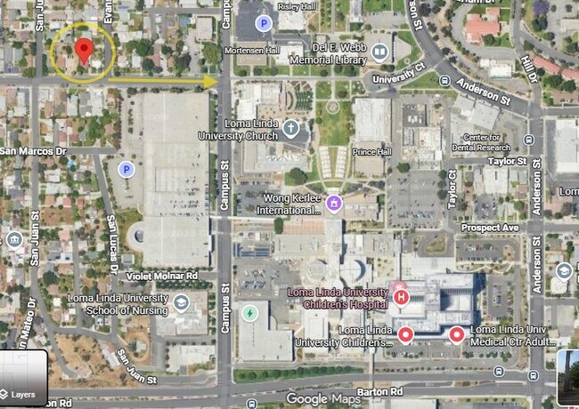 Camine hasta LLU y Medical Center, aproximadamente 1,5 cuadras al este por University Ave. - 24606 University Ave