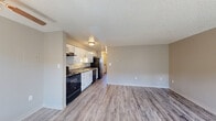 Located at 3780 Rebecca Ln in Colorado Springs, CO, this one-bedroom, one-bathroom unit offers a thoughtfully designed single-floor layout that maximizes every inch of its compact footprint. The open-concept living and kitchen area creates a seamless flow, with light wood-tone vinyl plank flooring running throughout, neutral gray walls, and a textured ceiling that adds subtle character to the space. Natural light filters in through windows, brightening the living area, which also features a baseboard heating unit for year-round comfort.

The kitchen is well-appointed with crisp white shaker-style cabinetry, granite-look countertops, a single-basin sink, and a full suite of black appliances including an electric range, dishwasher, and refrigerator, all complemented by an overhead range hood. The kitchen opens directly to the living space, enhancing the sense of openness.

The bedroom offers a cozy carpeted retreat with a dedicated closet equipped with a full-width hanging rod and shelf for organized storage. The bathroom features a clean white tub-shower combination with a window that allows natural light to brighten the space. Throughout the unit, the clean, neutral palette and updated finishes create a move-in-ready environment suited for efficient, comfortable living.
