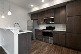 This two-story home offers five bedrooms and three bathrooms across two evenly distributed floors, combining functional design with clean, modern finishes throughout. The ground floor is anchored by an open-concept living and kitchen area distinguished by dramatically high ceilings that amplify the sense of space. Large windows allow generous natural light to fill the living area, which features warm wood-look flooring. A standout architectural detail is the built-in recessed niche with dark wood cabinetry, providing both display and storage space near the entryway. The kitchen is well-appointed with rich dark wood cabinetry extending to the ceiling for ample storage, stainless steel appliances including a range, microwave, and refrigerator, light quartz countertops, a central island, and pendant lighting. The bathrooms are finished consistently with quartz vanity tops, dark wood cabinetry, wood-look flooring, and brushed nickel hardware. Upstairs, the bedrooms are carpeted for comfort, each featuring windows that bring in natural light and sliding-door closets for storage. The staircase, finished with carpet treads, connects both floors seamlessly, contributing to the home's cohesive and practical layout.