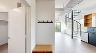 This contemporary two-story residence in Fayetteville, Arkansas, showcases a clean, minimalist aesthetic defined by crisp white walls, light-toned flooring, and bold black metal accents throughout. The main floor comprises the larger share of the living space and opens with a functional entrance featuring a built-in bench and wall-mounted coat hooks. The kitchen is outfitted with dark lower cabinetry, warm natural wood upper cabinets, dark countertops, and a full suite of stainless steel appliances, including a dishwasher, range, and refrigerator. A sculptural spiral staircase with a black metal cable railing serves as a standout architectural centerpiece, connecting the main floor to the upper level.

The bedroom is a well-proportioned, light-filled room with tall windows offering neighborhood views and a ceiling fan overhead. It connects directly to a dedicated closet and a full bathroom, which features white subway tile surrounding a soaking tub, built-in open shelving, and a dark vanity with integrated sink. The upper floor opens to a private outdoor deck through a sliding glass door, offering elevated views of the surrounding Fayetteville landscape. A cable-railed open landing overlooking the lower level reinforces the home's airy, modern character throughout.