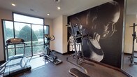 This fitness center is designed to provide a focused and motivating workout environment. The space is organized across a single floor and is divided into distinct functional zones that cater to both cardio and strength training. Large floor-to-ceiling windows flood the cardio area with natural light and offer refreshing views of lush greenery and manicured landscaping, creating an energizing atmosphere for exercise. The cardio zone is equipped with a treadmill and an elliptical trainer, positioned to take full advantage of the outdoor views. A bold, large-scale black-and-white motivational mural anchors one wall, featuring an athlete in action alongside an inspirational quote, reinforcing the purpose of the space. The strength training area is lined with full-length mirrors that visually expand the room and allow users to monitor their form. A rack of dumbbells in varying weights, an adjustable weight bench, and a multi-function power tower provide a comprehensive range of strength and bodyweight training options. Rubber flooring throughout ensures safety and durability. Recessed lighting and a ceiling fan contribute to a comfortable training environment. The overall design balances functionality with a modern, athletic aesthetic, making it a practical and well-appointed fitness facility.