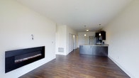 This single-floor space showcases a contemporary open-concept layout that seamlessly connects the living area to the kitchen. Dark hardwood flooring extends throughout, providing a warm contrast to the bright, white walls and light ceiling that contribute to an airy, spacious feel.

The living area is anchored by a modern wall-mounted electric fireplace with a clean, linear design and a glass-crystal bed, adding a stylish focal point to the room. The open layout allows for flexible furniture arrangements and a natural flow between living and dining areas.

The kitchen is well-appointed with dark cabinetry, granite or stone countertops, and stainless steel appliances. A large kitchen island with a built-in sink serves as both a functional workspace and a casual gathering point. Pendant lighting hangs above the island, providing focused illumination while enhancing the modern aesthetic.

A set of closet doors is visible along the back wall, offering generous storage. The overall design palette — combining dark wood tones, neutral walls, and stainless steel accents — creates a cohesive, modern ambiance throughout the space.
