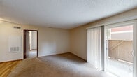 Located at 209 Aegean Way in Vacaville, California, this single-floor, one-bedroom, two-bathroom residence offers a practical and comfortable layout. The living room is a generous carpeted space featuring a sliding glass door fitted with vertical blinds that allow natural light to filter in while providing access to the outdoors. The room flows openly toward the rest of the unit, creating a connected feel throughout. The kitchen is equipped with warm wood-toned cabinetry, granite-style countertops, a stainless steel sink, and light wood-style flooring. A window above the counter brings in additional natural light, enhancing the functionality of the space. The bedroom features carpet flooring, a ceiling fan, and a double sliding-door closet with wood paneling, offering ample storage. An adjacent bathroom includes a vanity with a granite-style countertop, wood cabinetry, light wood flooring, and a window for natural light. The second bathroom contains a full shower-tub combination. Textured ceilings are present throughout the unit, and warm neutral tones on the walls create a cohesive, understated aesthetic. Wood-trimmed doorframes add a consistent design detail across all rooms.