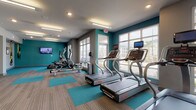 This fitness center is designed with a clean, modern aesthetic, combining functionality with an energizing atmosphere. The space is defined by its bold teal and gray color scheme, carried through accent walls, carpet tile patterns, and architectural details that lend a cohesive, professional appearance throughout.

The main exercise area is generously proportioned, accommodating a full row of treadmills equipped with individual screens, positioned along large windows that flood the space with natural light and provide views of the surrounding exterior. Elliptical trainers and a recumbent bike add variety to the cardio equipment selection, while a dedicated TRX suspension training station mounted to the wall caters to functional fitness routines. Framed instructional guides are posted nearby for user reference.

The flooring consists of patterned carpet tiles in teal and gray, providing both visual interest and comfort underfoot. Recessed and linear fluorescent lighting supplements the abundant natural light, ensuring consistent illumination throughout the day.

A transitional entry area connects the main fitness floor to secondary spaces, including what appears to be a utility or storage room. A large mirror positioned in this zone visually expands the space and allows users to monitor their form. The overall layout is open and well-organized, supporting a range of workout styles in a welcoming environment.