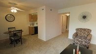 This single-floor space features an open layout that connects the main living area to the kitchen and hallway, creating a functional and cohesive floor plan. The living area is finished with wall-to-wall carpet in a neutral beige tone, contributing to a warm and understated ambiance. A partial wall divides the living space from the kitchen, offering a degree of separation while maintaining an open feel. The kitchen is equipped with warm wood-toned cabinetry, a black dishwasher, and light countertops, providing a practical and tidy cooking space. HVAC vents are visible in the ceiling, ensuring climate control throughout. A hallway extends from the main area, leading to additional rooms including what appears to be a bedroom with a closet visible in the background. The overall color palette consists of soft beiges and warm neutrals, lending the space a clean and livable character. The layout is straightforward and efficient, making good use of the available square footage across its single level.
