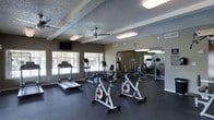 This single-story fitness center offers a practical and functional workout environment designed to accommodate a variety of exercise routines. The space features dark rubber flooring throughout, providing a durable and slip-resistant surface suited for both cardio and strength training activities. A ceiling fan with integrated lighting anchors the center of the room, complementing the flush-mounted fluorescent light fixtures that ensure consistent illumination across the space. A textured ceiling adds a classic finishing detail overhead.

Natural light filters in through multiple windows along one wall, offering views of outdoor greenery and contributing to an open, airy atmosphere. A wall-mounted television is positioned for visibility during workouts. The cardio area is equipped with treadmills, an elliptical, a recumbent bike, and upright cycling bikes, providing diverse options for aerobic exercise. Toward the rear of the space, a multi-station cable and strength machine is positioned alongside floor-to-ceiling mirrors, which visually expand the room and allow users to monitor their form during training sessions.
