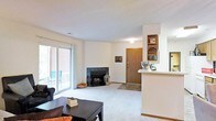 This single-floor space is designed with an open, functional layout that connects the living area to the kitchen. The living room is carpeted and centers around a fireplace, providing a focal point and cozy ambiance. A large sliding glass door along one wall floods the space with natural light and opens to an outdoor patio area, where seating is visible against an exterior brick wall. The neutral wall tones and light carpet throughout contribute to a clean, understated aesthetic.

Adjacent to the living area, a partial wall with a built-in open shelving unit separates the space from the entryway, which features a wood-toned door and tiled flooring. The kitchen is accessible via a raised pass-through bar counter, offering a practical connection between the cooking and living spaces. The bar area is equipped with small appliances and decorative items, and an overhead cabinet provides additional storage. The overall layout is straightforward and practical, making efficient use of the available space while maintaining an open, airy feel throughout the main living area.