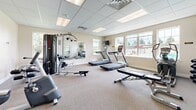 This fitness center at 6245 Silver Birch Dr in Farmington, NY offers a well-appointed, two-room exercise facility designed to support a comprehensive workout experience. The space is finished with durable carpeted flooring and a drop ceiling with recessed fluorescent lighting, creating a clean and functional atmosphere throughout.

The main exercise room is generously equipped with multiple treadmills, an elliptical trainer, a stationary bike, a multi-station cable weight machine, adjustable benches, and a medicine ball, providing options for both cardiovascular and strength training. Large windows along one wall flood the room with natural light and offer views of an outdoor pool area, enhancing the overall environment. Wall-mounted mirrors expand the sense of space and allow users to monitor their form during workouts. Wall-mounted televisions are positioned for easy viewing from cardio equipment.

The second exercise room, accessible through elegant French doors, features additional cardio equipment and mirrors, offering a more private or dedicated training area. A bulletin board is mounted on the wall for community notices. The two rooms flow seamlessly together, making this fitness center a versatile and well-organized amenity for residents of the Farmington community.