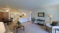 This single-floor residence offers a comfortable and functional open-concept layout that seamlessly connects the main living area to the kitchen. The living space features neutral wall-to-wall carpeting that lends a warm, understated tone throughout. A peninsula-style breakfast bar serves as the natural dividing element between the living and kitchen areas, maintaining an open and airy feel while defining each zone. The kitchen is appointed with white cabinetry, white appliances including a refrigerator and range, and a double sink, all accented by light countertops that contribute to the room's bright and clean aesthetic. The white walls and light-toned ceilings throughout enhance the sense of openness and allow natural light to fill the space effectively. A decorative framed mirror and console table along one wall of the living area add a touch of character, while potted plants introduce natural greenery and warmth. A hallway visible from the main living area suggests additional rooms beyond, rounding out the layout of this well-organized, single-level residence. Overall, the space conveys a practical and inviting atmosphere well-suited for everyday living.