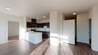 Located at 4225 Briggs Drive SE in Olympia, Washington, this thoughtfully designed single-floor residence offers a contemporary aesthetic with functional, open-concept living. The main living area is anchored by wide-plank wood-style flooring and a generous bank of windows that invite abundant natural light and outdoor views, creating an airy and welcoming atmosphere.

The kitchen is a standout feature, showcasing rich dark cabinetry, white quartz-style countertops, stainless steel appliances including a range, microwave, refrigerator, and dishwasher, and a central island that provides additional prep space and a natural gathering point. Recessed lighting adds a clean, modern finish overhead.

The bedrooms are finished with plush wall-to-wall carpeting for comfort and feature sliding closet doors with built-in shelving for organized storage. Each room benefits from large windows that allow for plenty of natural light.

Two bathrooms serve the residence: one features a tub-shower combination with an adjacent walk-in style shelving area and a dark-toned vanity with a white countertop, while the second offers a glass-enclosed walk-in shower, a matching dark vanity, and bright overhead lighting. Wood-style flooring carries through both bathrooms, maintaining a consistent, polished look throughout the home.