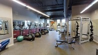 This fitness center offers a comprehensive workout environment designed to accommodate a variety of exercise needs. The space features an industrial-style aesthetic, with an exposed ceiling showcasing ductwork, structural elements, and linear fluorescent lighting that illuminates the room evenly throughout.

The cardio zone is prominently featured along one wall, lined with a robust selection of elliptical trainers, upright and recumbent bikes, and treadmills, each equipped with individual display consoles. Full-length mirrors run along the walls, enhancing the sense of openness and allowing users to monitor their form during exercise.

On the opposite side of the floor, a dedicated strength training area includes a multi-function cable and weight rack station, an adjustable workout bench, and a dumbbell rack stocked with a range of free weights. A stability ball is also available for core and functional training exercises.

The flooring consists of durable, rubberized material well-suited for high-traffic fitness use. Windows along the far wall allow natural light to filter into the space, providing a pleasant and energizing atmosphere. The overall layout is thoughtfully organized to ensure smooth traffic flow between cardio and strength training zones, making this a functional and well-appointed facility.