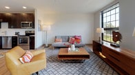 Located at 81 Arch Street in Hartford, Connecticut, this modern two-floor residence offers a thoughtfully designed layout with contemporary finishes throughout. The open-concept living area is bright and welcoming, featuring light hardwood-style flooring and large black-framed windows that invite abundant natural light and views of the surrounding cityscape. The kitchen is a standout feature, outfitted with rich dark cabinetry, white countertops, a classic subway tile backsplash, and a full suite of stainless steel appliances including a refrigerator, range, microwave, and dishwasher. Light wood flooring in the kitchen complements the overall modern aesthetic. A movable kitchen island provides flexible additional workspace and storage. The living space flows naturally from the kitchen, offering room for comfortable seating arrangements. The bedrooms are carpeted and bathed in natural light from generously sized windows. A versatile flex room with recessed lighting offers additional functional space ideal for a home office or study. The bathrooms are finished with granite-topped white vanities and tile flooring — one featuring a soaking tub with shower combination, and another with a walk-in shower. The space combines clean architectural lines with warm, contemporary design elements throughout both levels.