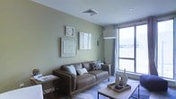 This single-floor space presents a thoughtfully designed living area defined by soft sage-green walls that create a calm, welcoming atmosphere. The living room serves as the focal point of the space, anchored by a rich brown leather sofa adorned with patterned and solid accent pillows, positioned atop a light-toned area rug. A rectangular wooden coffee table sits at the center, styled with decorative trays and ceramic vases, adding an artful touch to the arrangement. A small side table with a cross-base frame provides additional surface space near the seating area. The walls are adorned with a curated gallery of framed botanical and abstract prints, contributing visual interest without overwhelming the space. A large floor-to-ceiling window along one wall floods the room with abundant natural light while framing views of the surrounding exterior. An arc floor lamp with a wide drum shade provides supplemental ambient lighting. The ceiling features a standard recessed vent and a flush light fixture, maintaining a clean, uncluttered overhead aesthetic. The overall ambiance is relaxed yet refined, combining neutral tones, natural textures, and modern design elements cohesively.