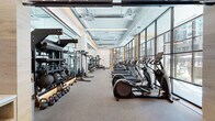 Located at 8005 Gramercy Blvd in Rockville, Maryland, this contemporary fitness center is thoughtfully designed to accommodate a wide range of workout styles and fitness goals. The main exercise floor is bathed in natural light streaming through expansive floor-to-ceiling windows framed in sleek black steel, creating an open and energizing atmosphere. Exposed ductwork and high ceilings add an industrial character to the space while maintaining a polished, modern aesthetic.

The cardio zone features a generous row of treadmills and elliptical machines aligned along the windowed wall, offering views to the outside during workouts. A well-stocked free weight area includes a full rack of dumbbells and kettlebells, medicine balls, and multiple cable and strength machines. Mirrors line key walls throughout, amplifying the sense of space and supporting proper form.

A dedicated functional training room is finished with warm wood-paneled walls and rubber flooring, housing a rowing machine, battle ropes, and a stationary bike. An additional training alcove features a bold, artistic mural in muted teal tones, wall-mounted television, air bikes, and plyometric boxes, providing a vibrant and motivating environment. Together, these zones offer a comprehensive, well-equipped fitness facility suited for both individual training and varied workout routines.