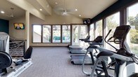 This fitness center is designed to accommodate a comprehensive workout experience within a thoughtfully laid-out, single-floor space. The interior is characterized by soaring vaulted ceilings that create an open, airy atmosphere, complemented by recessed lighting, ceiling fans, and elegant chandelier accents that add a refined touch to the functional environment.

The space is divided into distinct workout zones. A dedicated cardio area lines the perimeter near expansive floor-to-ceiling windows, offering views of an outdoor patio and surrounding greenery. Treadmills and elliptical machines are positioned to take advantage of this natural light and scenery. A wall-mounted television keeps members engaged during cardio sessions.

The strength and resistance training zone features multi-station cable machines, weight benches, and additional selectorized equipment. Large mirrors along one wall visually expand the space and assist with form correction. A water cooler is conveniently accessible nearby.

A bold teal accent wall adds a contemporary design element, contrasting with the warm beige tones throughout. A dark-finished storage console with open shelving sits centrally, providing organization for fitness accessories. Neutral-toned carpet flooring covers the entire workout area, contributing to both comfort and acoustics. The overall ambiance is clean, modern, and inviting.