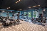 Located at 84 Kessel Ct in Madison, Wisconsin, this fitness center offers a well-equipped, single-level workout facility designed to support a comprehensive exercise routine. The space is divided into two functional zones, together providing a generous area for both cardio and strength training activities.

The main workout area is outfitted with a lineup of Life Fitness cardio machines, including multiple treadmills, elliptical cross-trainers, and a rowing machine, all arranged to maximize usability and flow. A multi-station cable machine anchors the strength training section, complemented by free weights and additional accessories such as battle ropes. Full-wall mirrors along one side of the room visually expand the space and allow users to monitor their form during exercise.

The interior features teal-painted walls that give the facility a vibrant, energizing atmosphere. Patterned, multi-tone carpet tiles cover the main floor area, while rubber mats are placed beneath equipment for added stability and protection. Overhead, linear LED lighting runs the length of the ceiling, providing bright, even illumination throughout. Several windows along the exterior walls admit natural light and offer views of the surrounding greenery. A wall-mounted mini-split HVAC unit and baseboard heating ensure year-round comfort. The facility is accessible through a glass-paneled entry door.