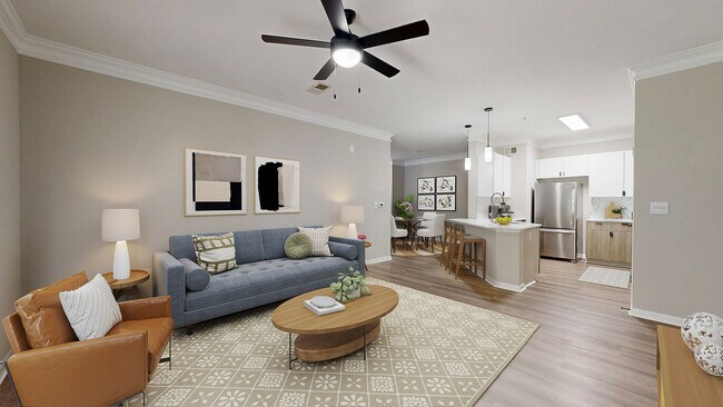 Vista de planta abierta con una gran sala de estar y cocina. - Waterstone at Big Creek Apartments